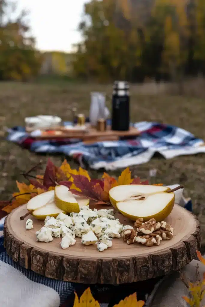 Gorgonzola cheese with pears and walnuts on a wooden board.