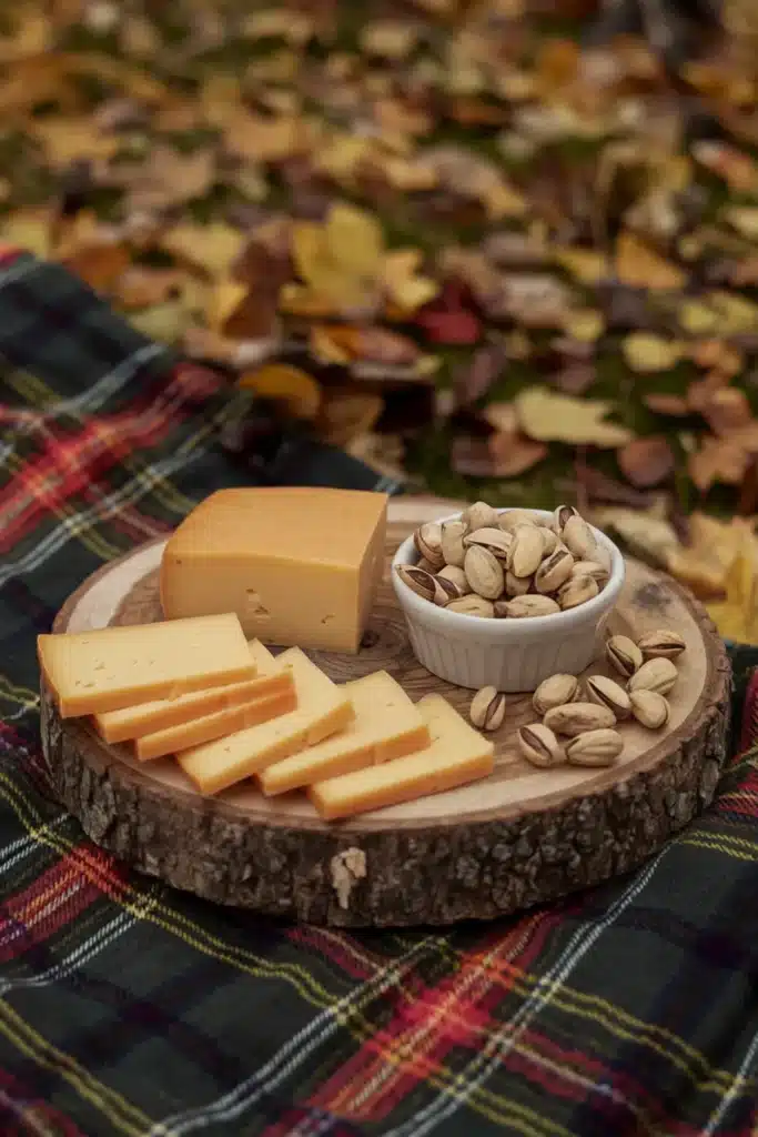 Gouda cheese with pistachios on a wooden board.