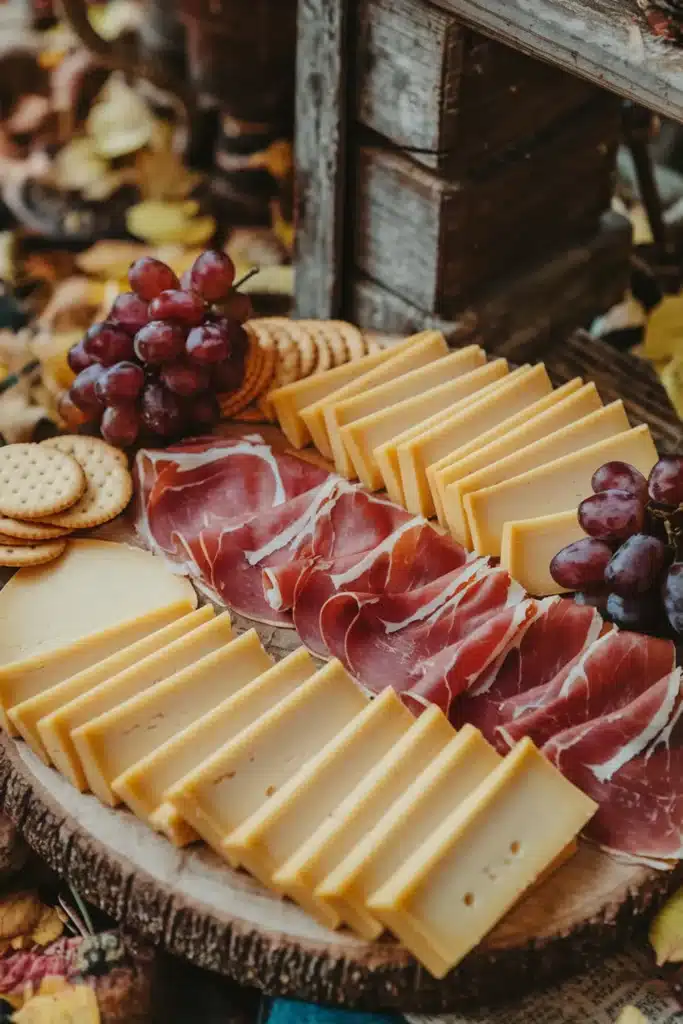 Gruyère cheese with cured ham on a wooden board.