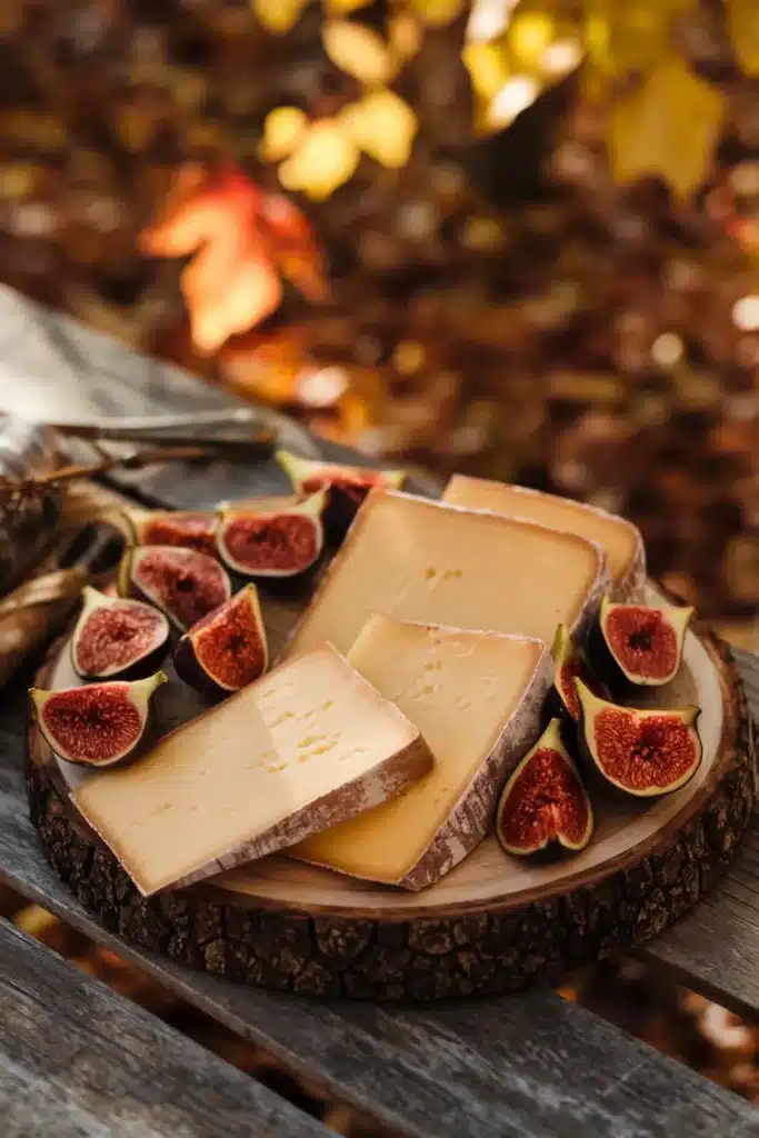 Gruyère cheese with fresh figs on a wooden board.