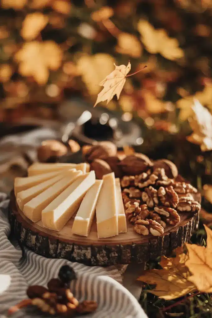 Havarti cheese with roasted almonds and walnuts on a wooden cheese board.