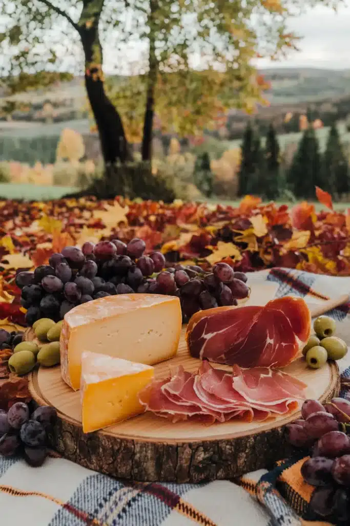 Manchego cheese with Jamón Serrano on a wooden board.