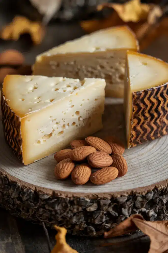 Manchego cheese with Marcona almonds on a wooden board.