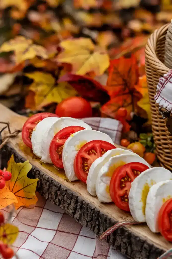 Mozzarella with fresh tomatoes and olive oil on a wooden board.