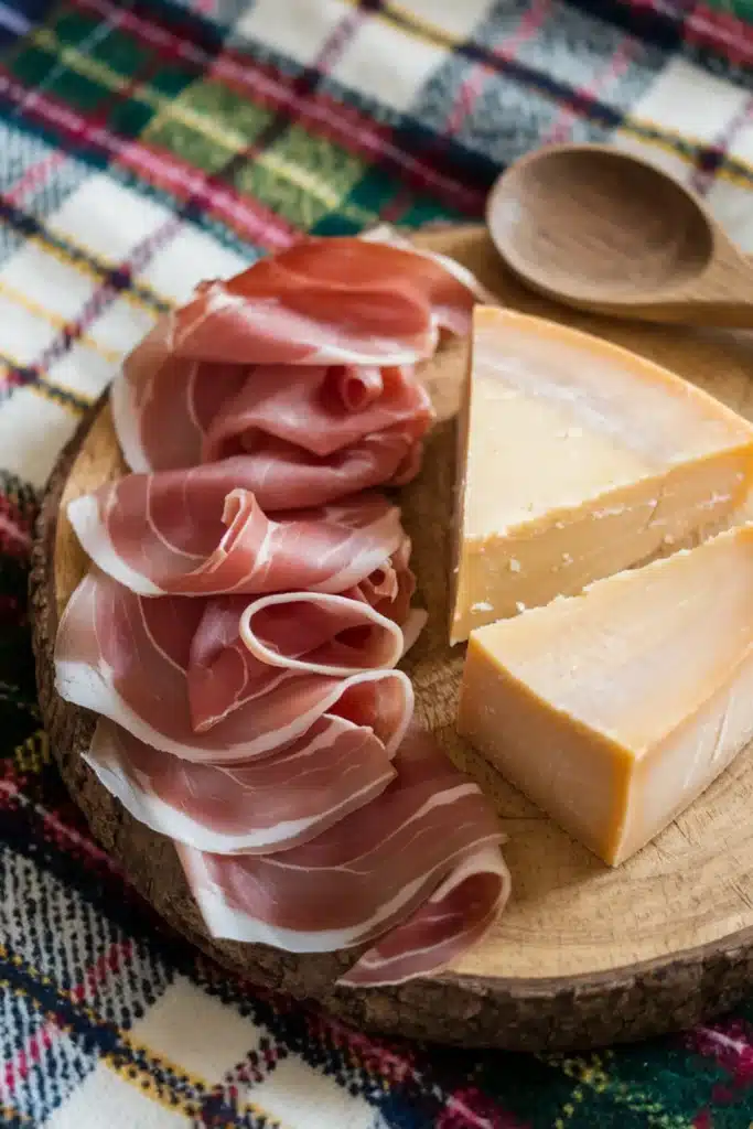 Prosciutto with Parmesan wedges on a wooden board.