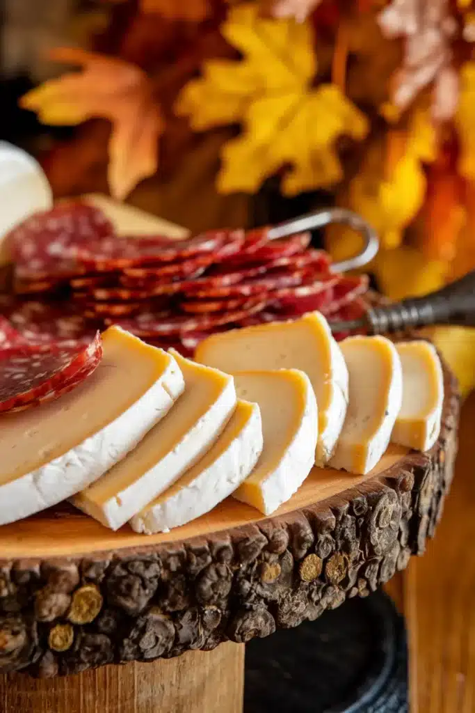 Provolone cheese with spicy Soppressata on a wooden board.