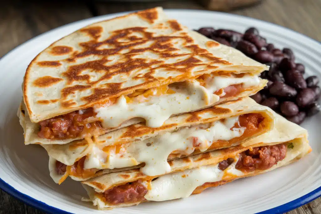 Cheesy quesadilla slices stacked on a plate with a side of black beans.