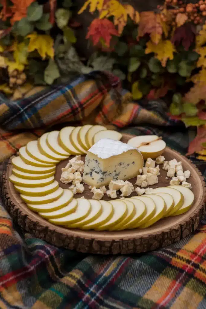 Roquefort cheese with sliced pears on a wooden board.