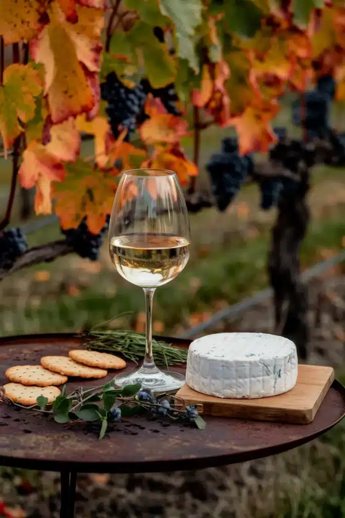 Sauvignon Blanc wine glass with goat cheese and crackers.