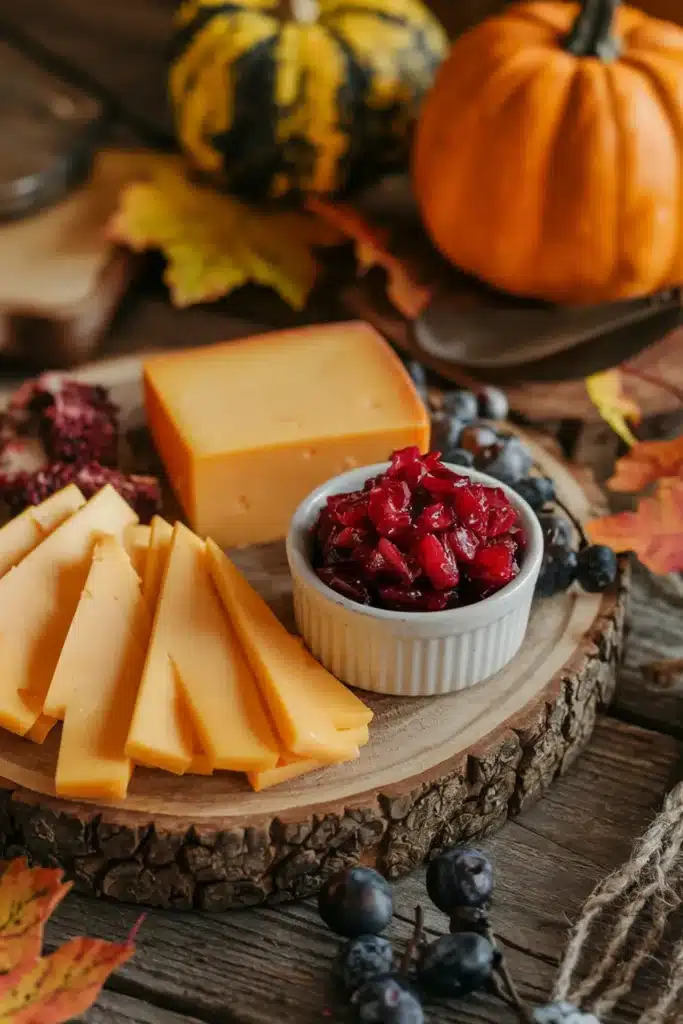 Sharp cheddar with cranberry relish on a wooden board.