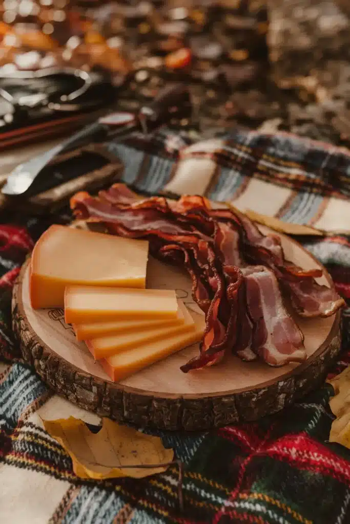 Smoked gouda with applewood smoked bacon on a wooden board.