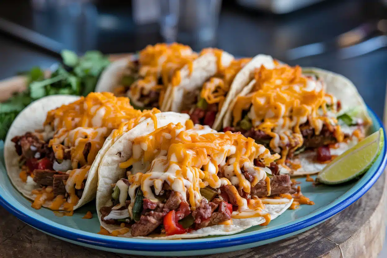 Plate of four tacos filled with beef, vegetables, and topped with melted cheese, served with a lime wedge.